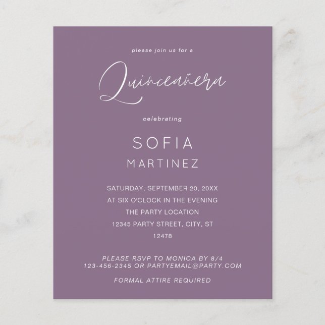 Budget Plum Purple MOD Calligraphy Quinceanera Flyer (Front)