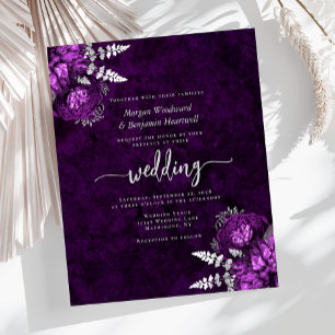 Budget Plum Purple Silver Floral Wedding Invite
