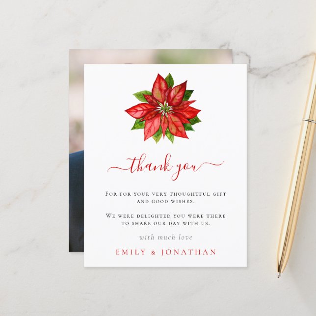 Budget Poinsettia Photo Xmas Wedding Thank You (Front/Back In Situ)