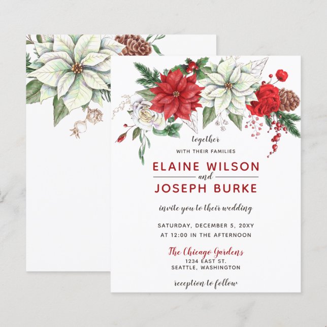 Budget Poinsettia Pine cone Wedding Invitation (Front/Back)