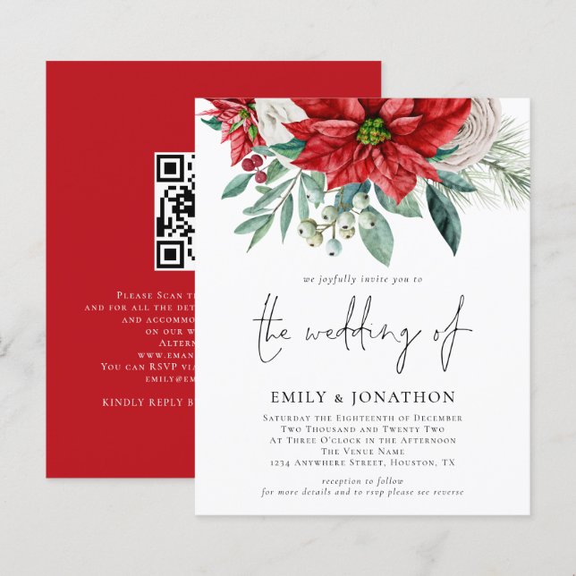 Budget Poinsettia QR Code Wedding Invitation (Front/Back)
