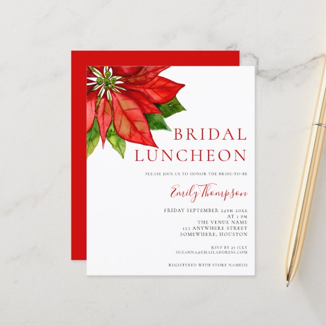 Budget Poinsettia Red Bridal Luncheon Invitation (Front/Back In Situ)