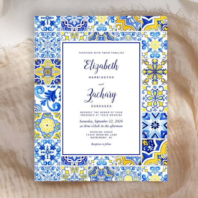 Budget Portuguese Tile Blue Yellow Wedding Invite (Creator Uploaded)