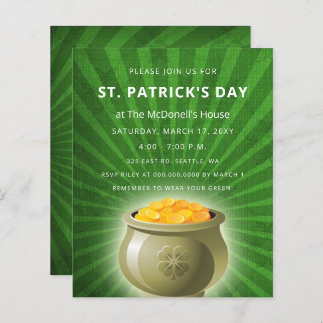 Budget Pot Of Gold St Patricks Day  Invitation (Front/Back)