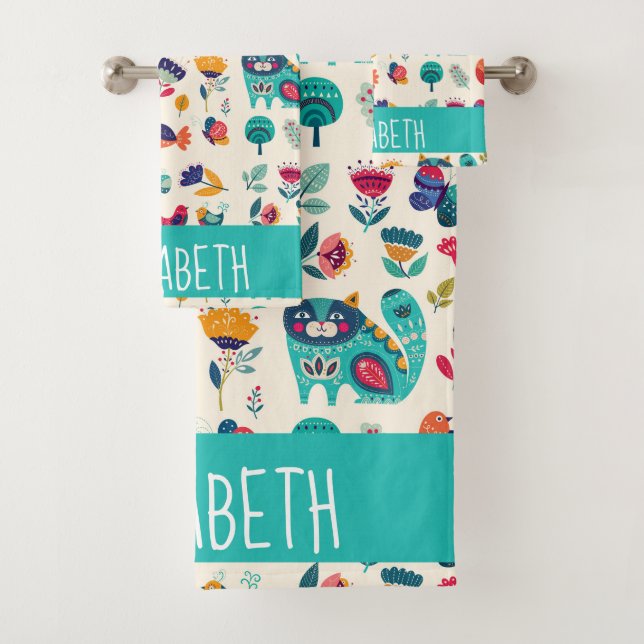 Budget Pretty Girly Cats Folk Art Style ADD NAME Bath Towel Set (Insitu)