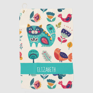 Budget Pretty Girly Cats Folk Art Style ADD NAME Golf Towel