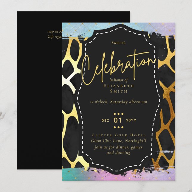 Budget Pretty Girly Sweet16 Gold Animal Print Inv Invitation (Front/Back)