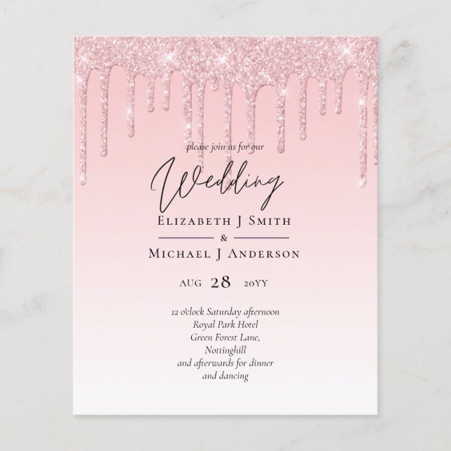 Budget Pretty Girly Wedding Glitter Pink Invite (Front)