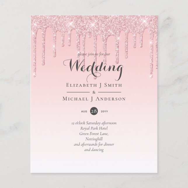 Budget Pretty Girly Wedding Glitter Pink Invite (Front)