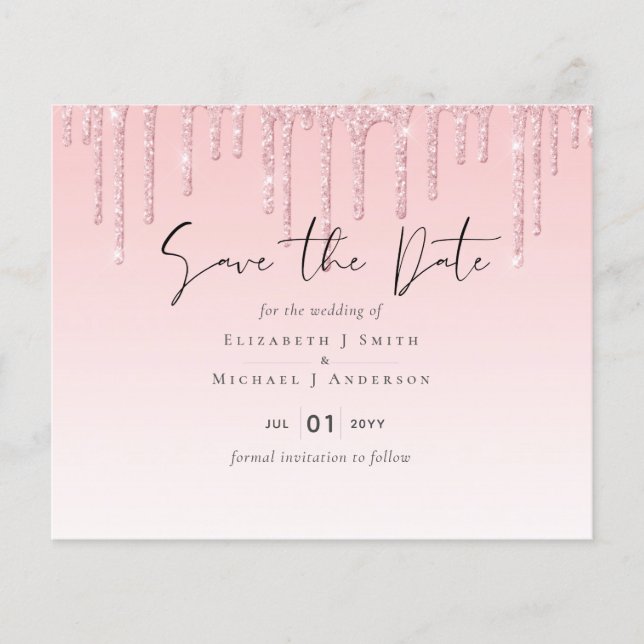 Budget Pretty Girly Wedding Save Date Glitter Pink (Front)