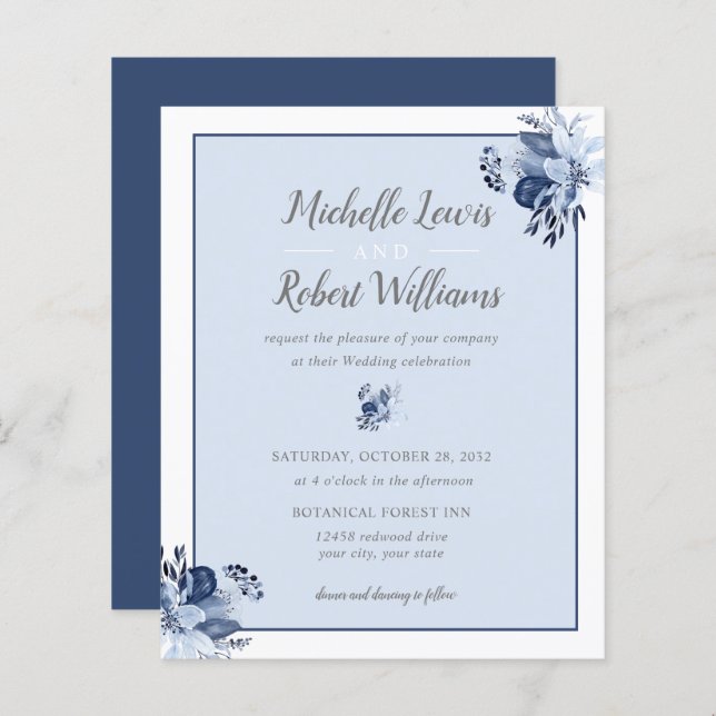 BUDGET Pretty Grey Navy Blue Floral wedding (Front/Back)