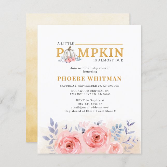 Budget Pumpkin Baby Shower Watercolor Pink Roses (Front/Back)