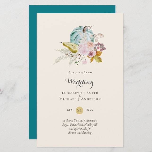BUDGET Pumpkin Fall Floral Wedding Invite A9 (Front/Back)
