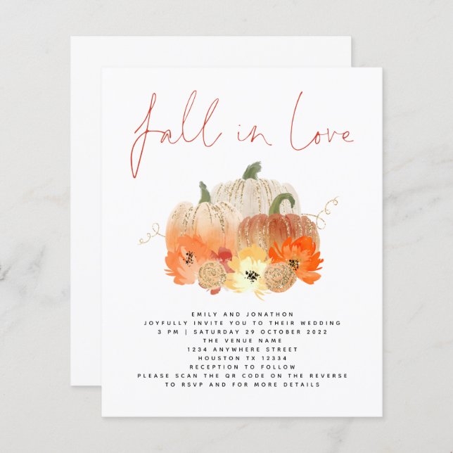 Budget Pumpkin Glitter QR Code Fall in Love Invite (Front/Back)
