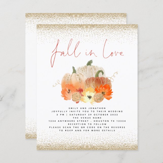 Budget Pumpkin Glitter QR Fall in Love Wedding  (Front/Back)