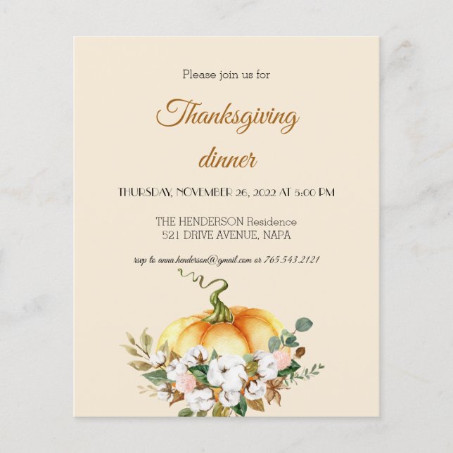 Budget Pumpkin Thanksgiving Dinner Invitation. Flyer (Front)