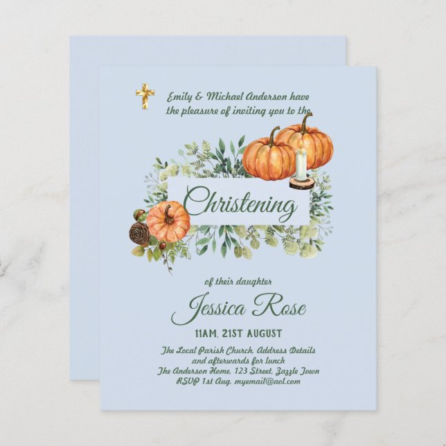 BUDGET PUMPKINS Boys Christening Invites Baptism  (Front/Back)