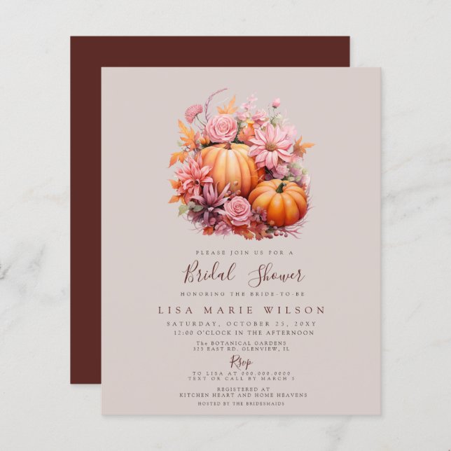 Budget Pumpkins Fall Bridal Shower Invitations (Front/Back)