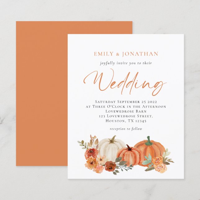 Budget Pumpkins Fall Florals Wedding Invitation (Front/Back)
