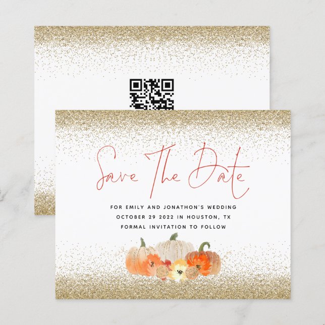 Budget Pumpkins Gold Glitter QR Save The Date  (Front/Back)