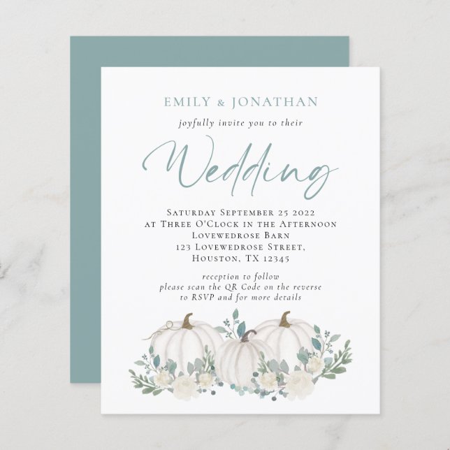 Budget Pumpkins Teal Foliage QR Wedding Invite (Front/Back)