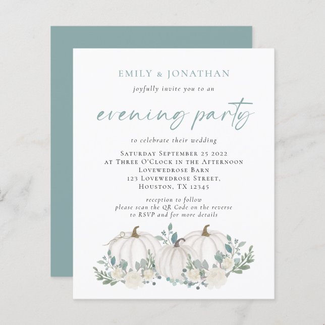 Budget Pumpkins Teal QR Evening Party Invite (Front/Back)