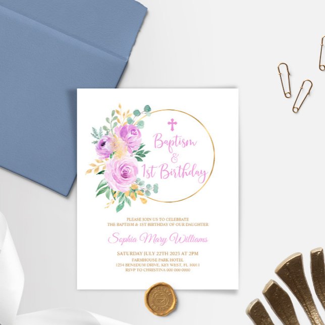 Budget Purple Baptism & First Birthday Invitation (Creator Uploaded)