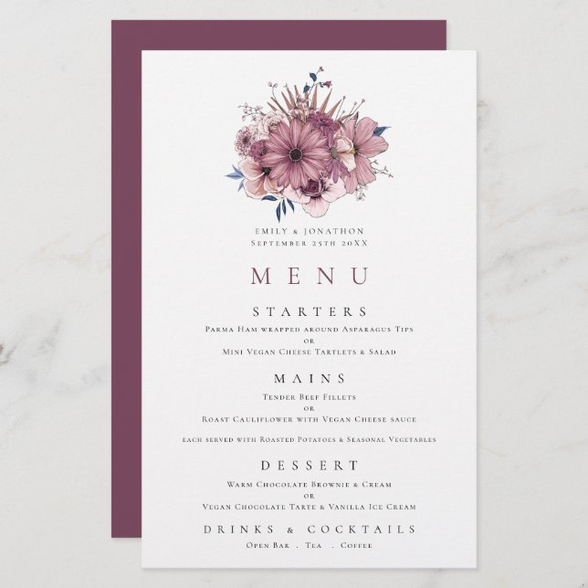Budget Purple Berry Pink Florals Wedding Menu (Front/Back)