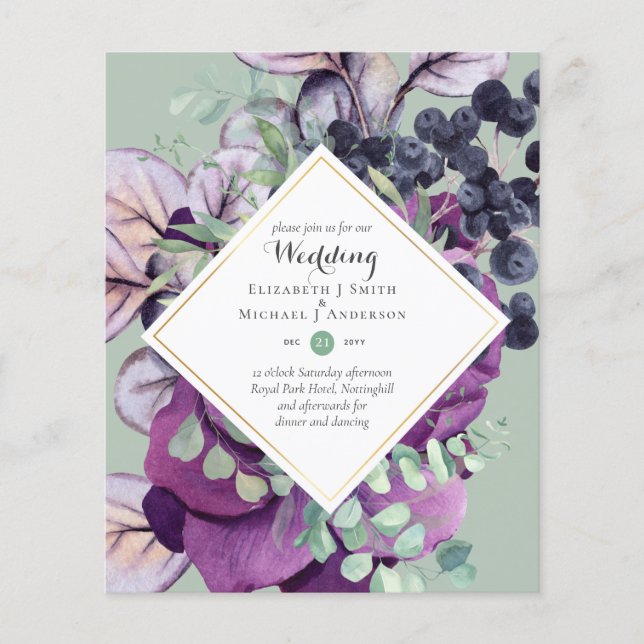 BUDGET Purple Blue Floral Wedding Invitations Flyer (Front)