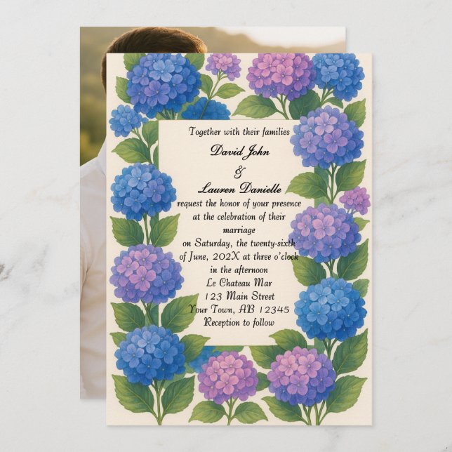 Budget Purple/Blue Hydrangea Photo Wedding Invite (Front/Back)