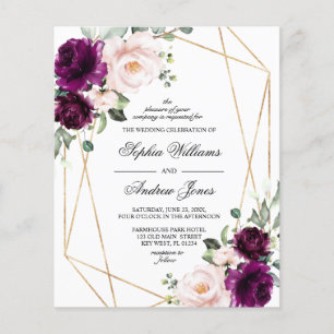 Budget Purple & Blush Pink Rose Wedding Invitation