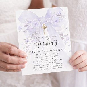 BUDGET Purple Bow Rose First Communion Invite