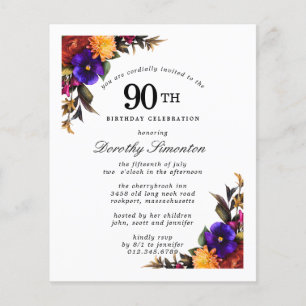 BUDGET Purple Burgundy Floral 90th Birthday Invite