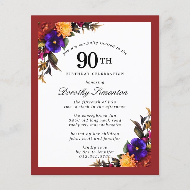 BUDGET Purple Burgundy Floral 90th Birthday Invite (Front)