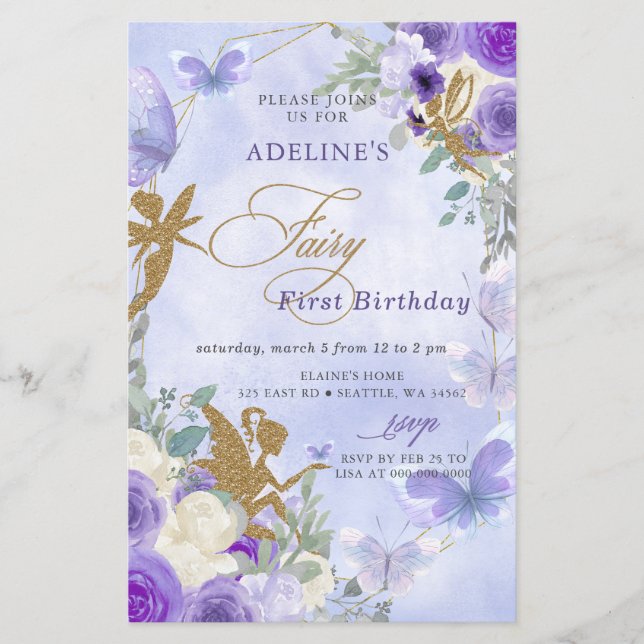Budget Purple Butterflies Fairy First Birthday  (Front)