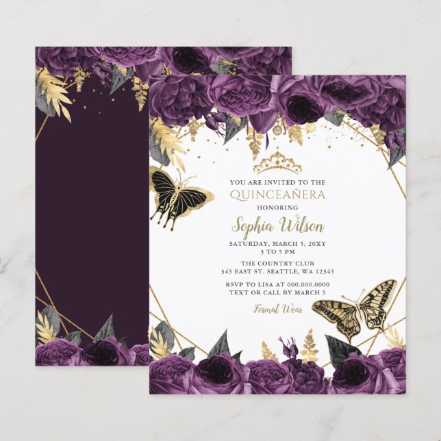 Budget Purple Butterfly Quinceañera Invitation (Front/Back)