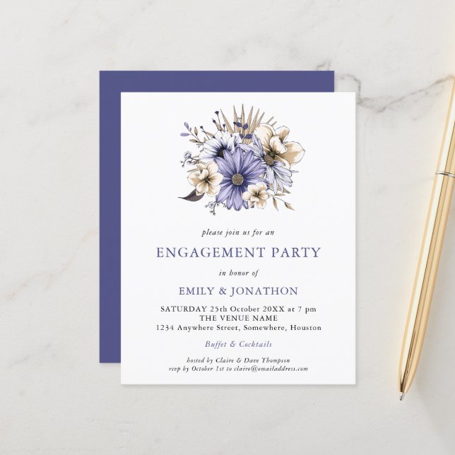 BUDGET Purple Cream Floral Engagement Party Invite (Front/Back In Situ)