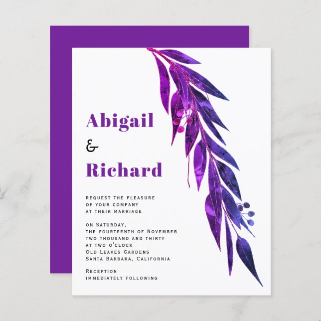 BUDGET purple eucalyptus branch wedding invitation (Front/Back)