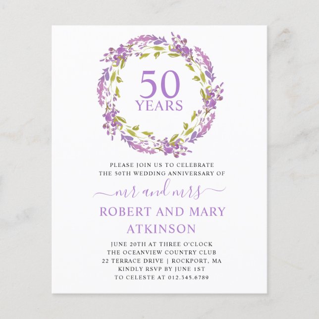 Budget Purple Floral 50th Anniversary Invitation (Front)