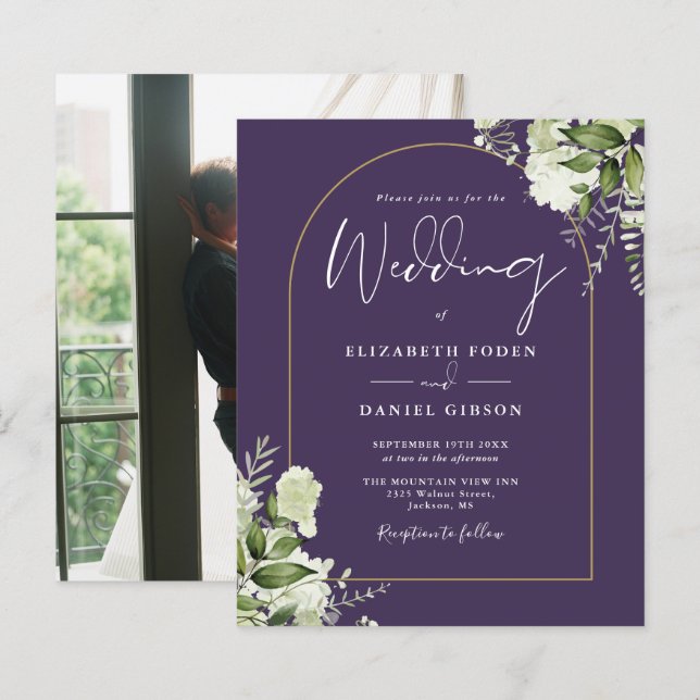 Budget Purple Floral Arch Photo Wedding Invite (Front/Back)