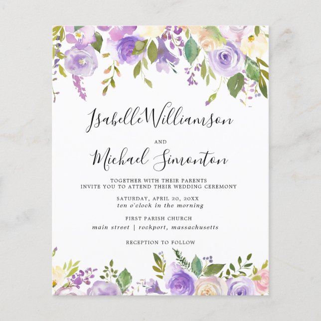 Budget Purple Floral Botanical Wedding Invitation (Front)