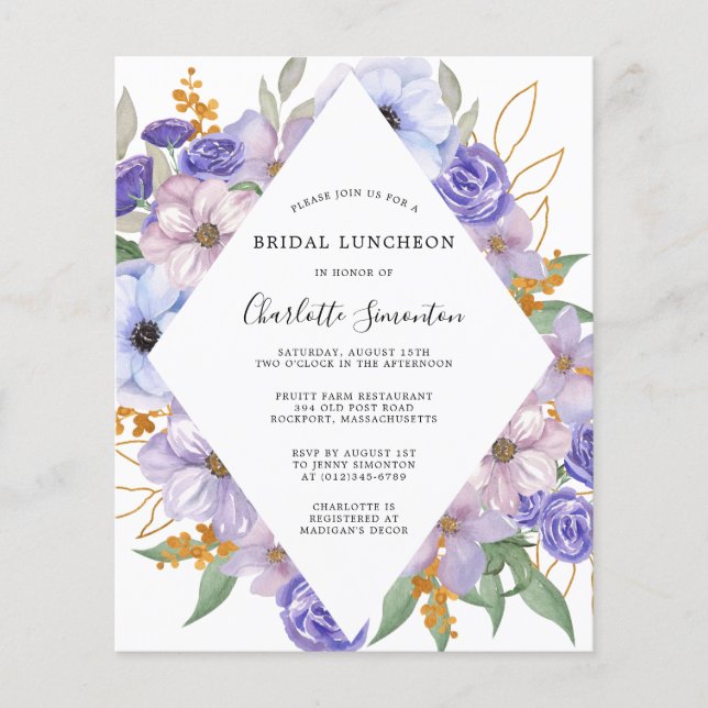 Budget Purple Floral Bridal Luncheon Invitation (Front)