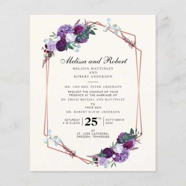 Budget Purple Floral Geometric Script Wedding (Front)