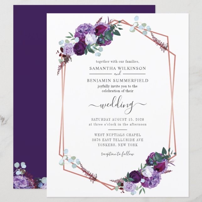 Budget Purple Floral Geometric Wedding Invitation (Front/Back)