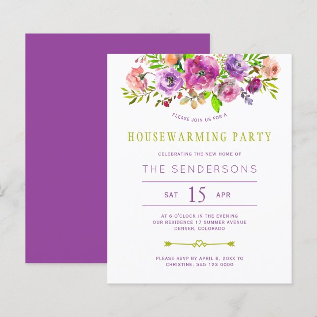 Budget purple floral housewarming party invitation (Front/Back)
