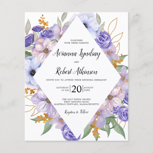 Budget Purple Floral Rustic Botanical Wedding (Front)