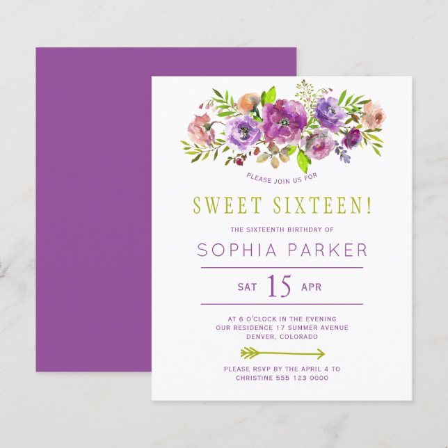 Budget purple floral Sweet 16 birthday invitation (Front/Back)