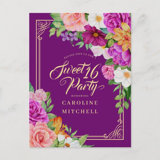Budget Purple Floral Watercolor Sweet 16 Invitation Postcard (Front)