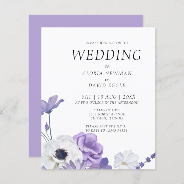 Budget Purple Floral Wedding Invitation (Front/Back)