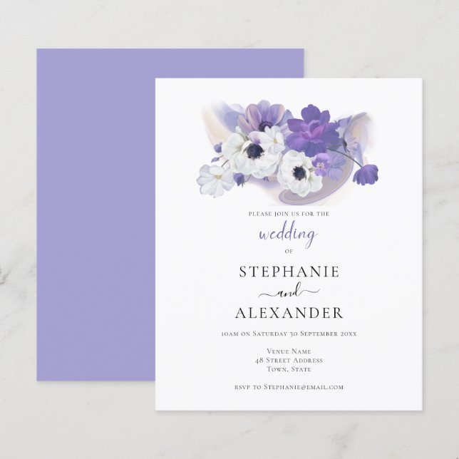 Budget Purple Floral Wedding Invitation (Front/Back)